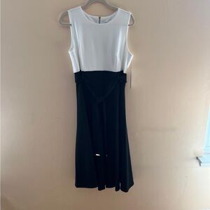 Calvin Klein White and Cream Sheath Dress Sleeveless Crew Neck Midi